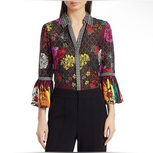 Alice + Olivia Rivera Floral & Diamond Silk-Blend Bell Sleeve Blouse